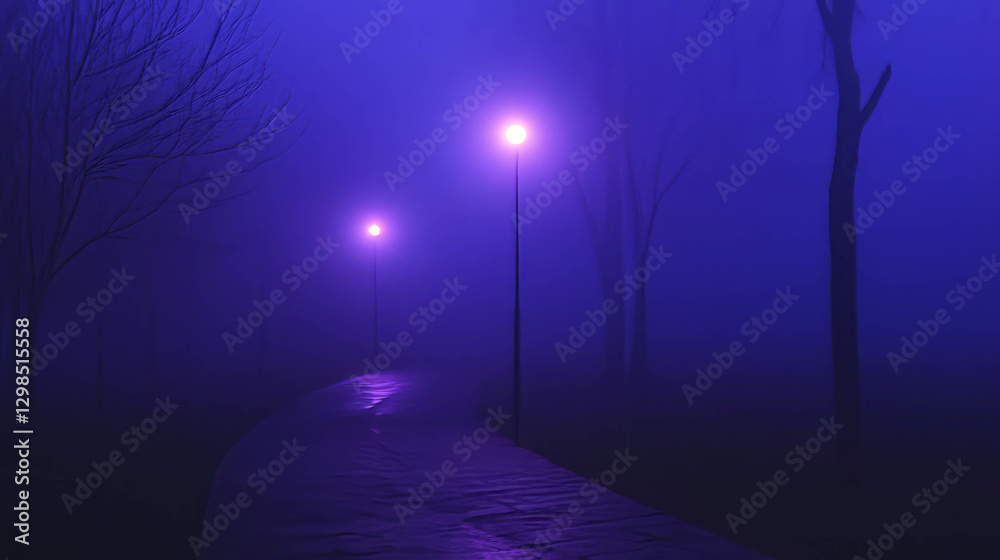 Fototapeta premium Mysterious foggy night with soft purple lamp light on pathway