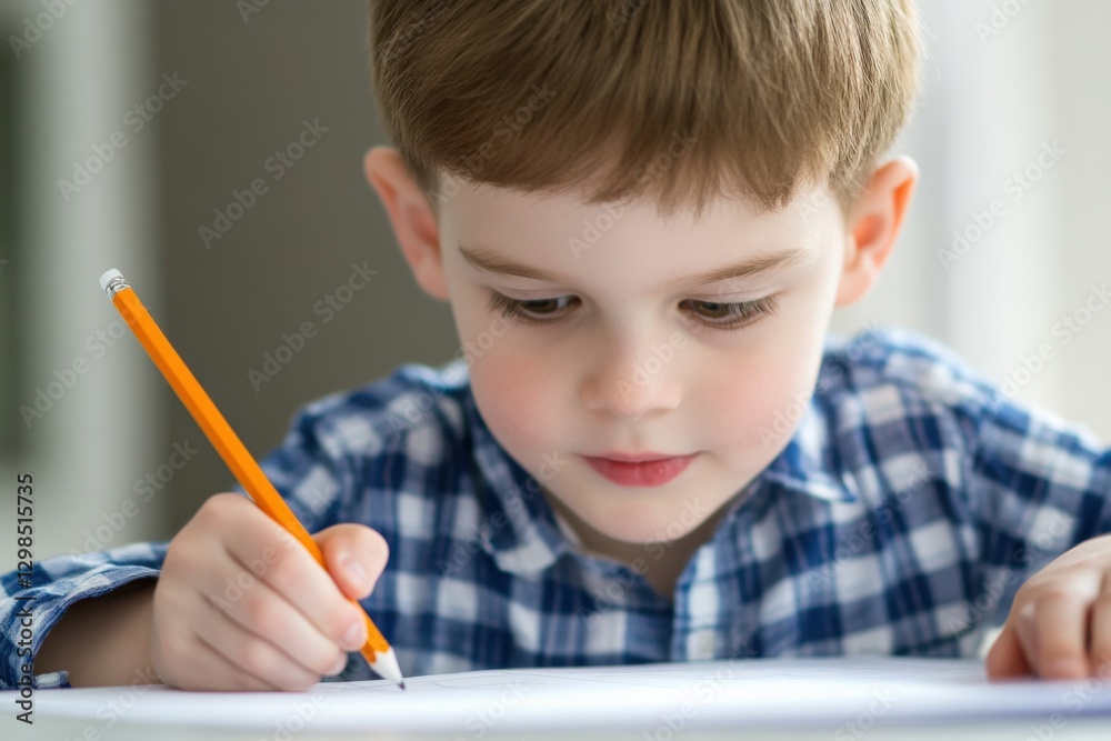 Boy Drawing with Pencil at Table Boy Drawing with Pencil at Table