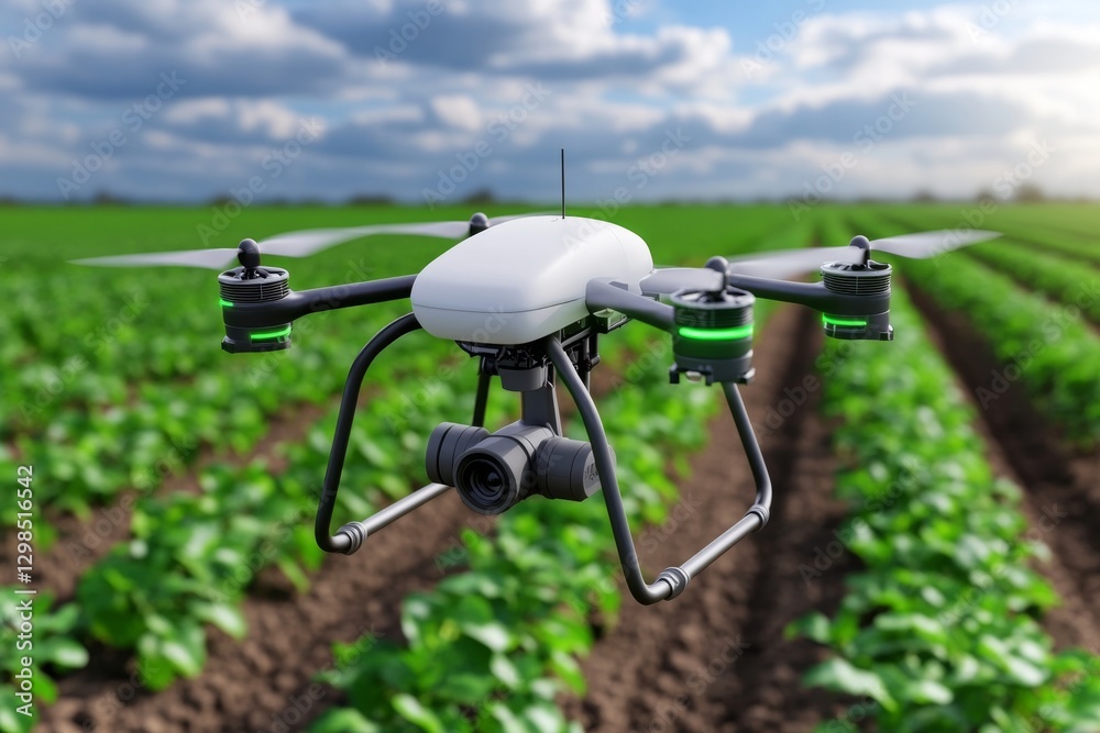 A futuristic 3D-rendered farm landscape with automated drones watering crops A futuristic 3D-rendered farm landscape with automated drones watering crops