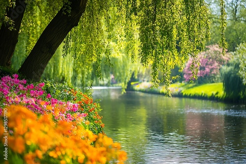 A tranquil riverside with willow trees and colorful flowers blooming along the banks