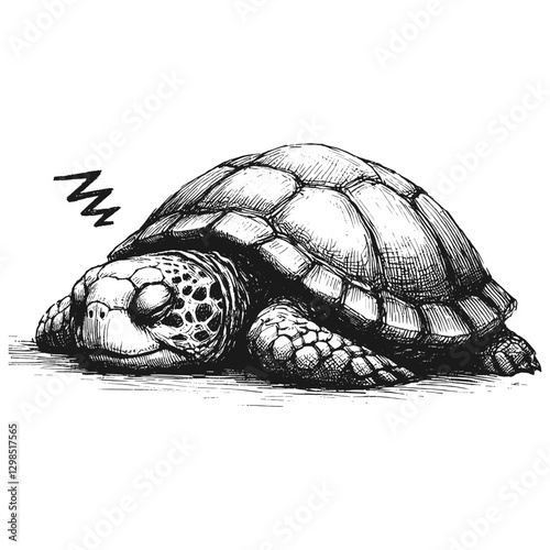 Turtle sleeping line art drawing ink sketch vector hand drawn illustration background, tranquil twilight sleeping under the stars