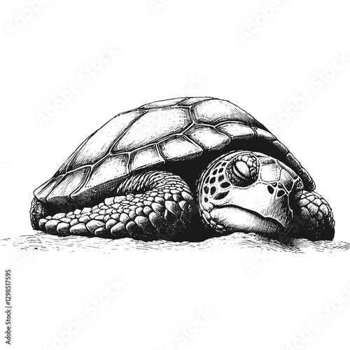 Turtle sleeping line art drawing ink sketch vector hand drawn illustration background, restful moments  napping under the sun