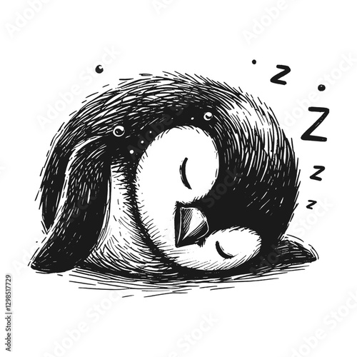 Penguin sleeping line art drawing ink sketch vector hand drawn illustration background, calm and cozy taking a midday nap