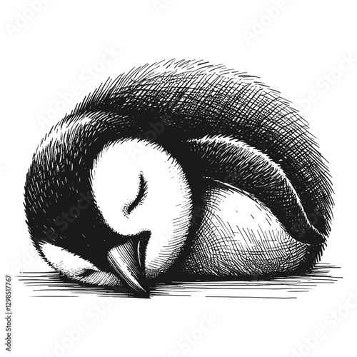 Penguin sleeping line art drawing ink sketch vector hand drawn illustration background, tranquil twilight sleeping under the stars