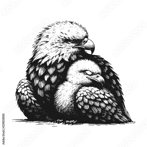 Eagle sleeping line art drawing ink sketch vector hand drawn illustration background, tranquil twilight sleeping under the stars