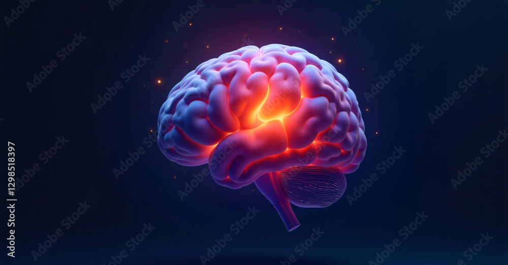 Obraz premium Illuminated human brain model on dark background, Science