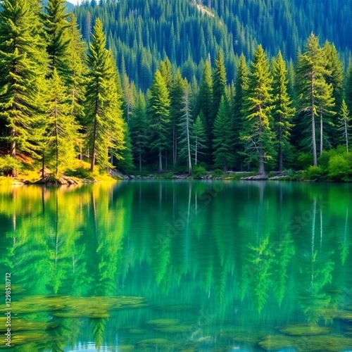 High-resolution stock photo A crystal-clear lake reflecting towering pine trees, vibrant greens and deep blues, commercial quality, professional lighting, sharp focus, horizontal framing