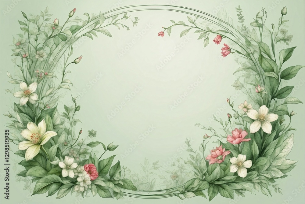 Spring frame with delicate flowers and green leaves on a light green background