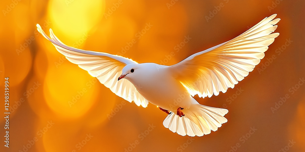 Fototapeta premium White dove flying in golden sunset light with glowing wings, copy space