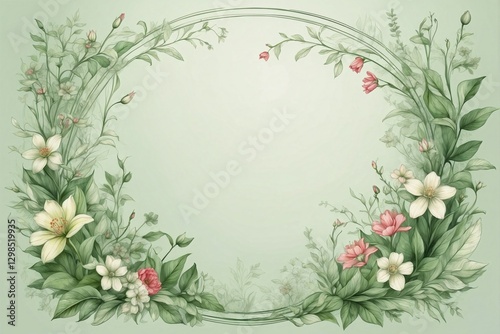 Spring frame with delicate flowers and green leaves on a light green background