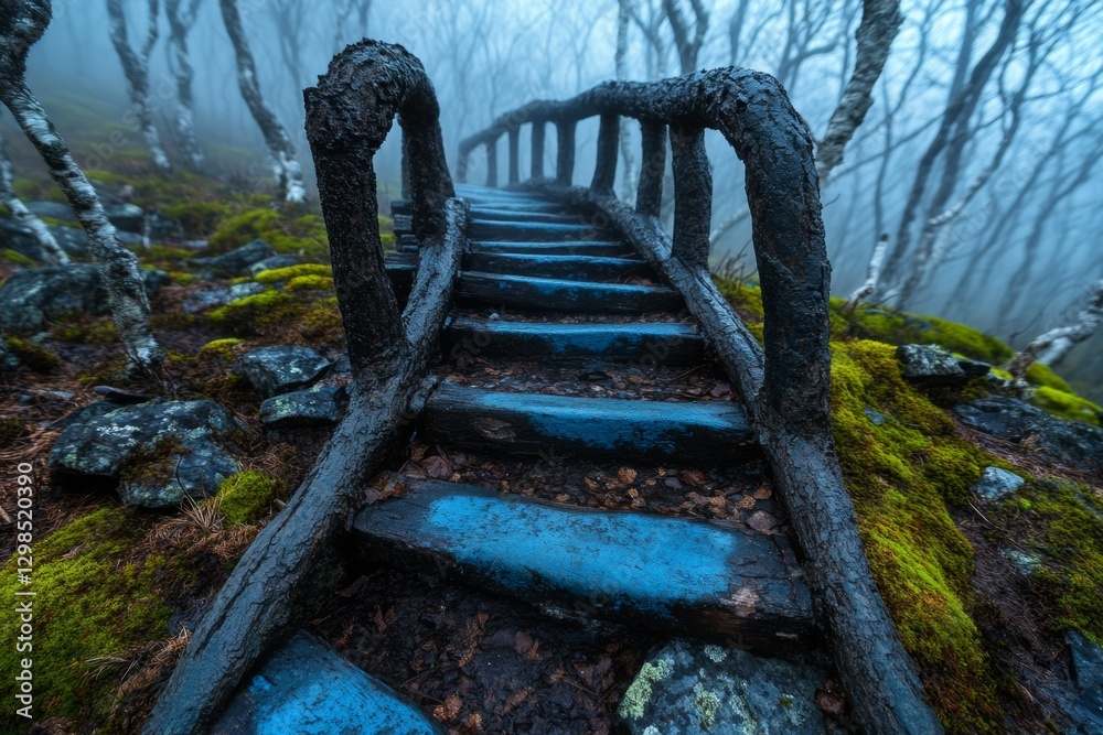 Fototapeta premium A foggy, mysterious footbridge disappearing into the mist in an enchanted forest
