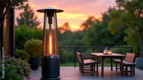 Outdoor patio heater, Minimalist black outdoor patio heater near modern wooden dining set under soft morning light with lush green backdrop an