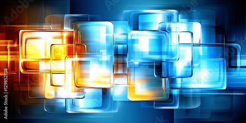 Futuristic abstract digital design with glowing blue and orange shapes