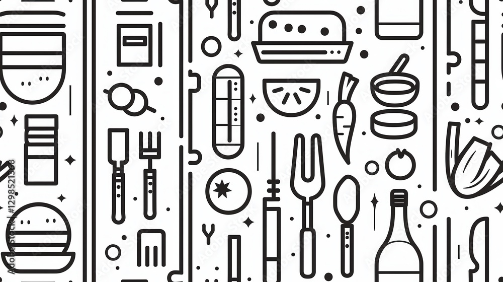 Fototapeta premium Seamless Pattern of Small Organic Fruits and Vegetables in Thin Outline Doodle Design for Fresh and Healthy Themes