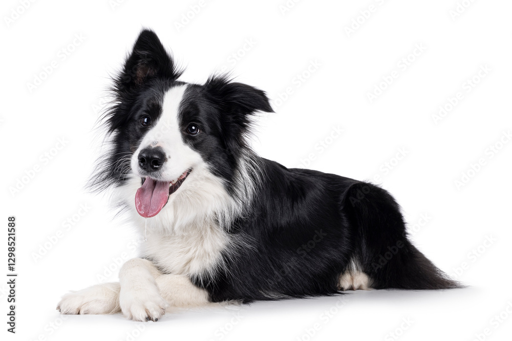 Fototapeta premium Adorable typical black and white young adult Border Collie dog, laying down side ways with front paws crossed. Looking straight ahead beside camera with mouth open. Isolated on white background.