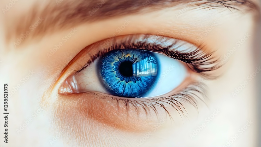 A close-up of a human eye with vibrant blue irises and detailed patterns, showcasing the pupil and surrounding eyelashes. Concept Close-up Photography, Vibrant Blue Irises, Eye Patterns A close-up of a human eye with vibrant blue irises and detailed patterns, showcasing the pupil and surrounding eyelashes. Concept Close-up Photography, Vibrant Blue Irises, Eye Patterns