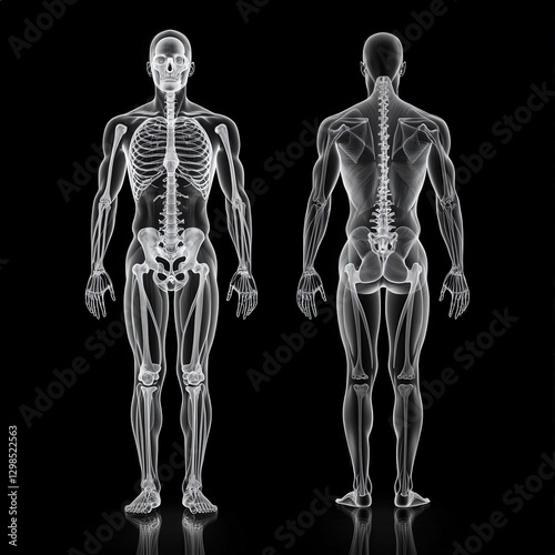 Detailed Representation of Male and Female Muscle and Skeletal Systems With X-ray Effect on a Black Background