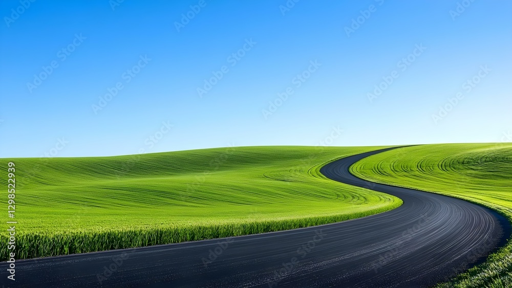 A winding road traverses lush green hills under a clear blue sky. Concept Scenic Road Trip, Lush Green Hills, Blue Sky Serenity, Nature's Beauty, Adventurous Journey A winding road traverses lush green hills under a clear blue sky. Concept Scenic Road Trip, Lush Green Hills, Blue Sky Serenity, Nature's Beauty, Adventurous Journey
