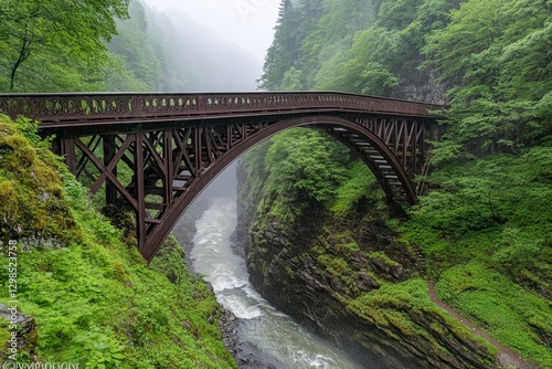 A gothic-style bridge spanning across a foggy, haunted waterfall