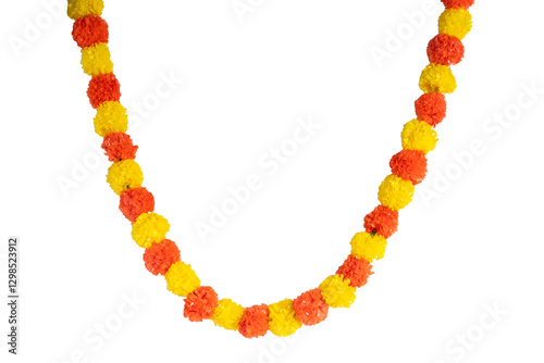Colorful artificial marigold flower garland for festive and decorative celebrations.