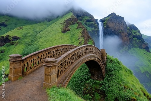A gothic-style bridge spanning across a foggy, haunted waterfall