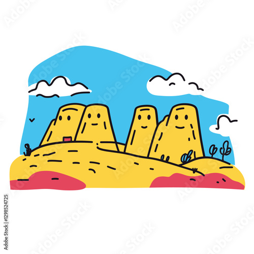 Mount Rushmore illustration in an doodle inca cartoon style. Simple minimalist drawing of Mount Rushmore
