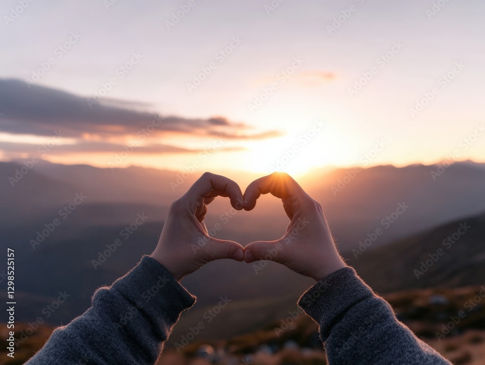 Hands Forming Heart with Sunset in Background Hands Forming Heart with Sunset in Background