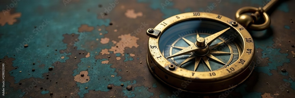 Antique brass compass, weathered detail, isolated , retro, aged Antique brass compass, weathered detail, isolated , retro, aged