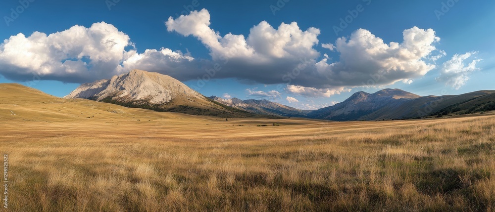 Obraz premium Contemplative Views of Campo Imperatore Showcasing Vast Meadows and Majestic Mountains in Abruzzo, Italy