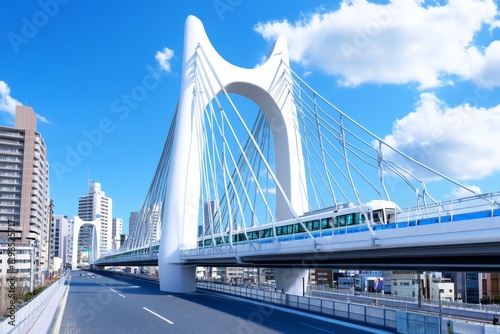 A futuristic cable-stayed pedestrian bridge spanning over a large city intersection