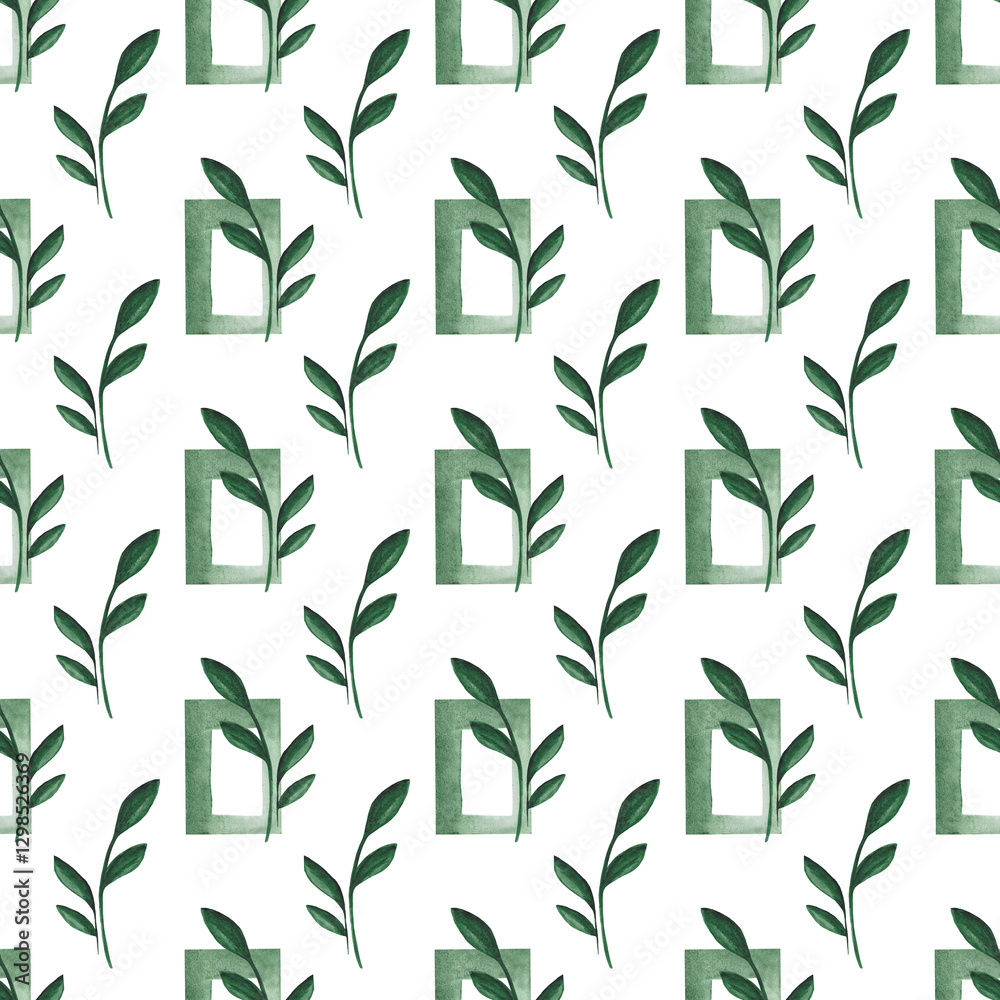 Seamless pattern of watercolor green plants. Botanical watercolor background.