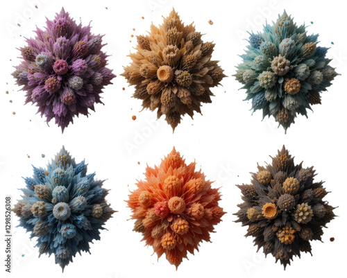 Six colorful floral arrangements in a grid, transparent background png
