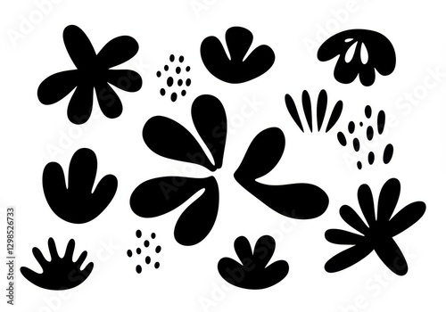 Black and white, flat design, abstract floral shapes, organic forms, playful doodles, cutout style, simple silhouettes , flower petals, curvy lines, minimalist,