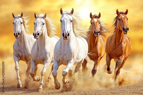 A group of wild horses running freely through an open field, kicking up dust under a golden sunset