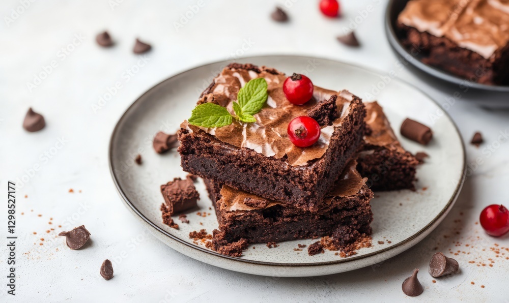 Brownie dessert on a plate, white background with copyspace Brownie dessert on a plate, white background with copyspace