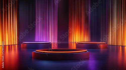 Colorful rotating platforms with glowing podiums in vibrant light display for event design