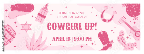 A vibrant horizontal banner for a pink-themed cowgirl party, featuring hats, boots, cacti, sheriff badges, and western props for festive celebrations.