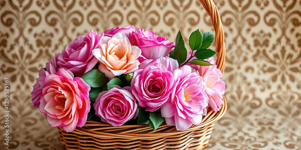 Obraz premium Elegant Damask Pattern Basket Filled with Flowers