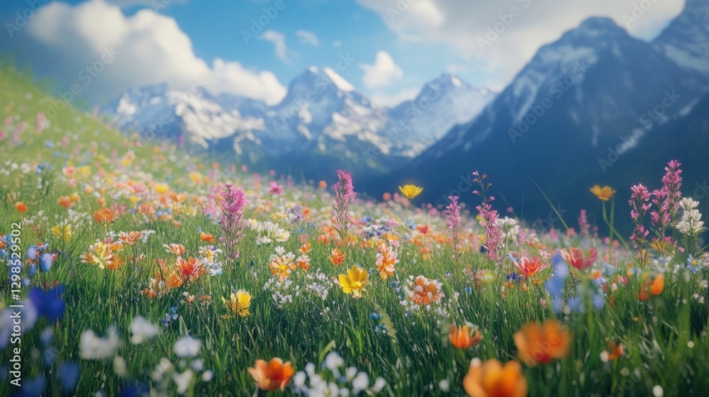 Fototapeta premium Colorful wildflowers bloom in a meadow, with snow-capped mountains behind, on a bright sunny day