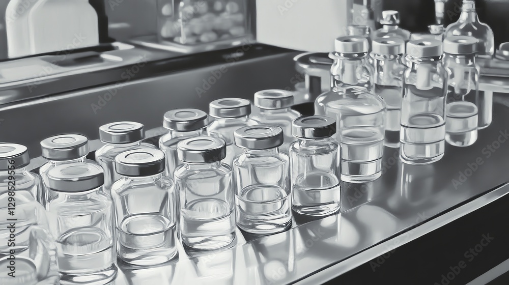A series of glass vials filled with clear liquid, arranged on a reflective surface, creating a clean and sterile laboratory atmosphere. A series of glass vials filled with clear liquid, arranged on a reflective surface, creating a clean and sterile laboratory atmosphere.