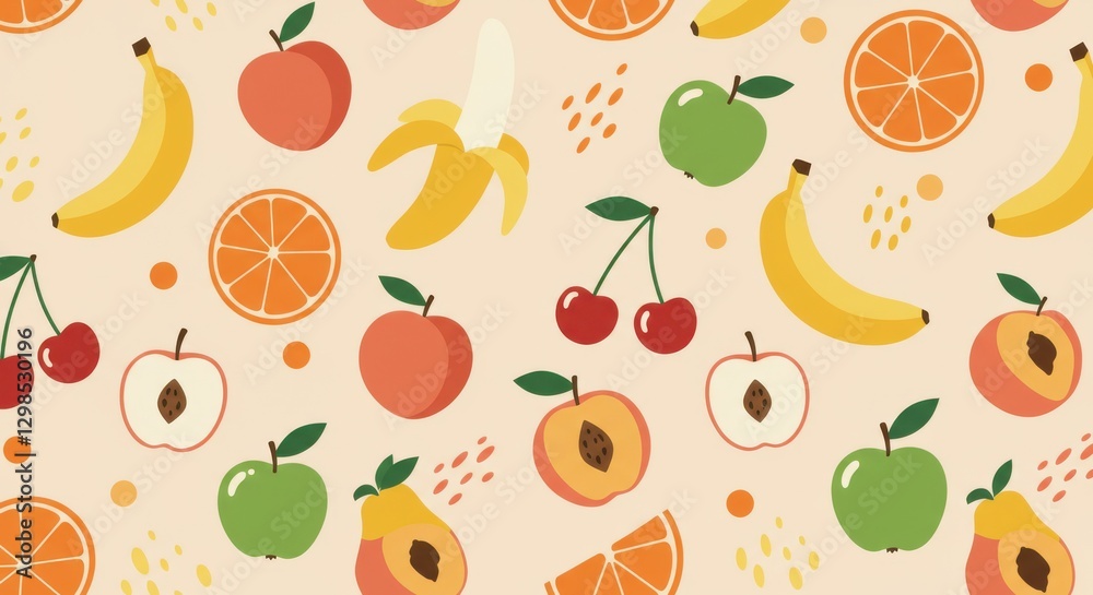 Obraz premium Colorful fruit pattern, cheerful illustration, bananas, oranges, cherries, apples, peaches, flat design, pastel background, seamless