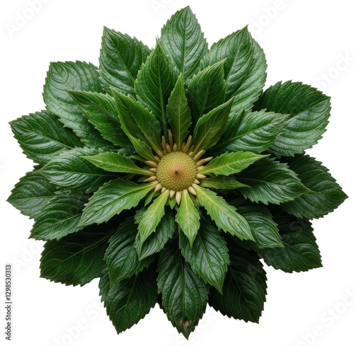 Green foliage arranged in a floral pattern, transparent background png