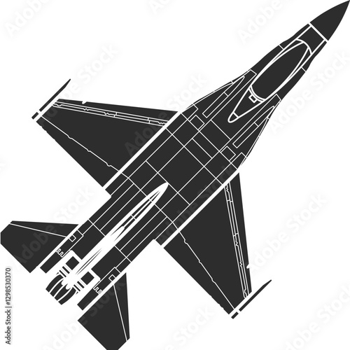 Black silhouette of a F16 fighter jet, top view.