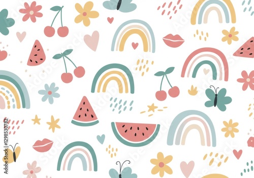 Cute summer pattern, colorful doodles, rainbows, watermelon slices, cherries, flowers, butterflies, stars, lips, hearts, pastel colors, cheerful, whimsical