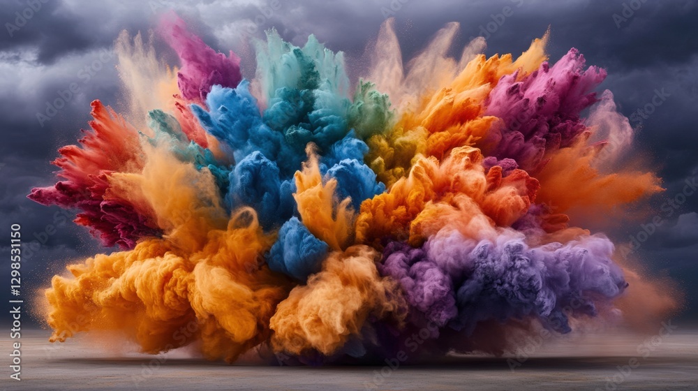 Fototapeta premium Colorful explosion of vibrant Holi powder on grey background