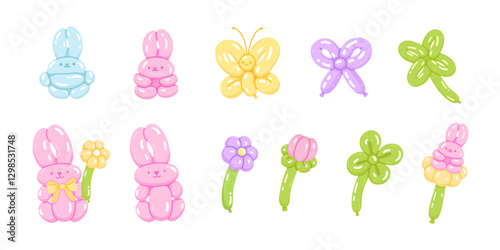 Spring set balloon of rabbits, flowers, butterfly, clover plant, bow. Twisted helium latex balloons. Party decor. Flat isolated vector illustration on white background