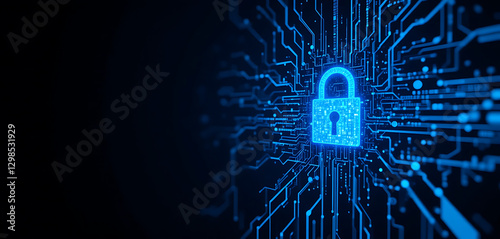 Abstract block chain technology cyber security dark blue glowing with lock,