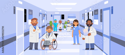 Diverse medical staff in modern hospital corridor. Doctors and nurses at work vector illustration