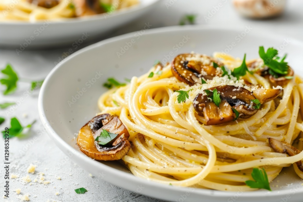 Creamy mushroom spaghetti in white bowl on textured surface. AI image Creamy mushroom spaghetti in white bowl on textured surface. AI image