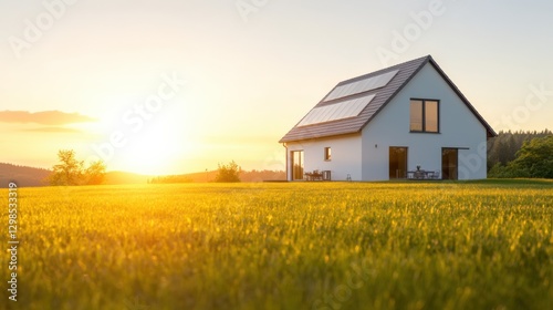 Wallpaper Mural House with solar panels in field at sunset Torontodigital.ca